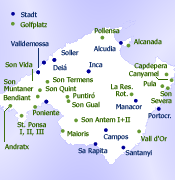 Karte Golfpl&auml;tze und einige St&auml;dte auf Mallorca